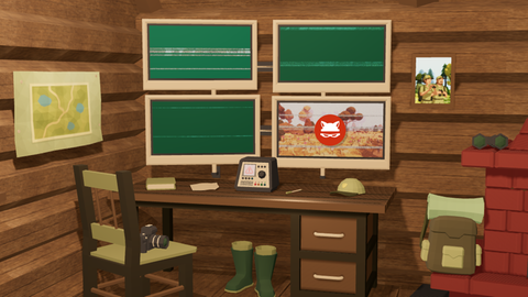 Screenshot aus dem Lernspiel Mission Biomonitoring: Das Bild zeigt einen Schreibtisch mit vier Monitoren. Erkunde verschiedene Ökosysteme und finde Störfaktoren! 