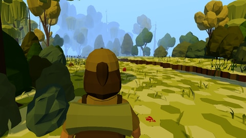 Screenshot aus dem Lernspiel Mission Biomonitoring: Das Bild zeigt eine Figur von hinten im Ökosystem Gewässer. 