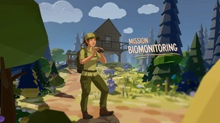 Screenshot der Anwendung „Mission Biomonitoring“. Eine Naturlandschaft – im Vordergrund eine Rangerin mit Fernglas. Nahe des Bildmittelpunkts eine Begrüßung zum Spiel mit einem Startbutton.