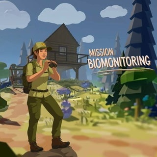 Screenshot der Anwendung „Mission Biomonitoring“. Eine Naturlandschaft – im Vordergrund eine Rangerin mit Fernglas. Nahe des Bildmittelpunkts eine Begrüßung zum Spiel mit einem Startbutton.