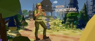 Screenshot der Anwendung „Mission Biomonitoring“. Eine Naturlandschaft – im Vordergrund eine Rangerin mit Fernglas. Nahe des Bildmittelpunkts eine Begrüßung zum Spiel mit einem Startbutton.