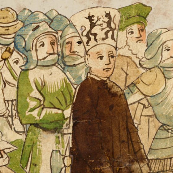 Es ist eine mittelalterliche Zeichnung von Jan Hus, von Menschen umringt, vor dem Konzil zu sehen. (Foto: SWR/WDR – Screenshot aus der Sendung)