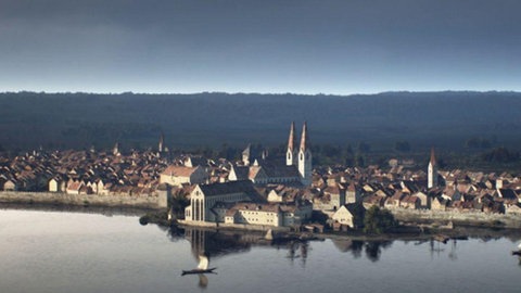 Luftaufnahme einer Rekonstruktion von Konstanz im Mittelalter