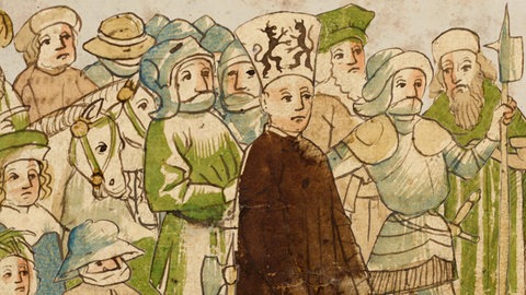 Es ist eine mittelalterliche Zeichnung von Jan Hus, von Menschen umringt, vor dem Konzil zu sehen.