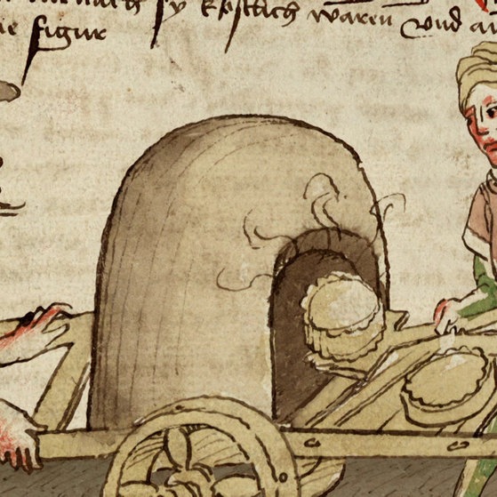 Zeichnung: Zwei Männer mit mobilem Backwagen.