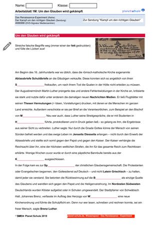 Arbeitsblatt 1M: Reformation (Lückentext, Korrekturen) (Foto: )