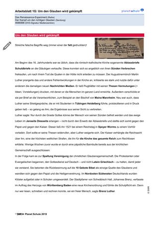 Arbeitsblatt 1G: Reformation (Begriffe auswählen) (Foto: )
