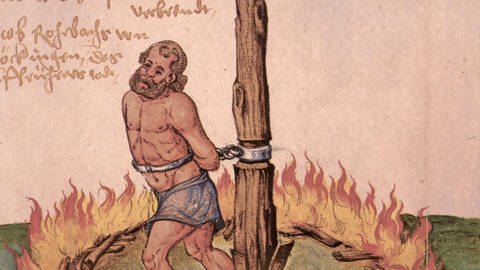 Folterungsszene, Bauer an Pfahl mit Feuer (zeitgenössische Darstellung) (Foto: SWR - Screenshot aus der Sendung)