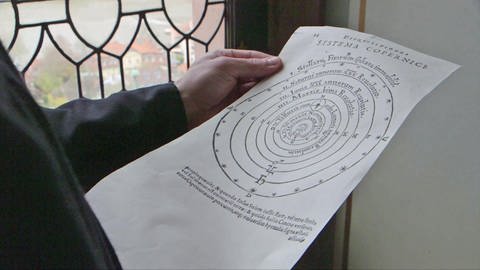 Hand hält Blatt mit Darstellung des Planetensystems von Kopernikus (Foto: SWR - Screenshot aus der Sendung)