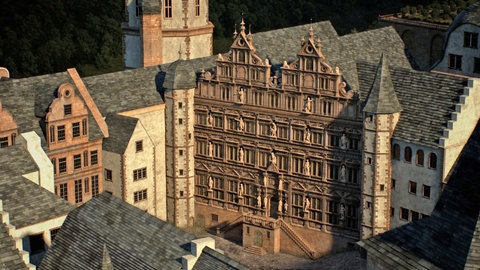 Einfügung des Ottheinrichsbaus in die Schlossanlage (Computerrekonstruktion)