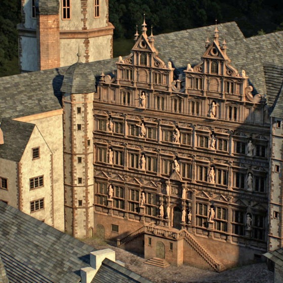 Einfügung des Ottheinrichsbaus in die Schlossanlage (Computerrekonstruktion)