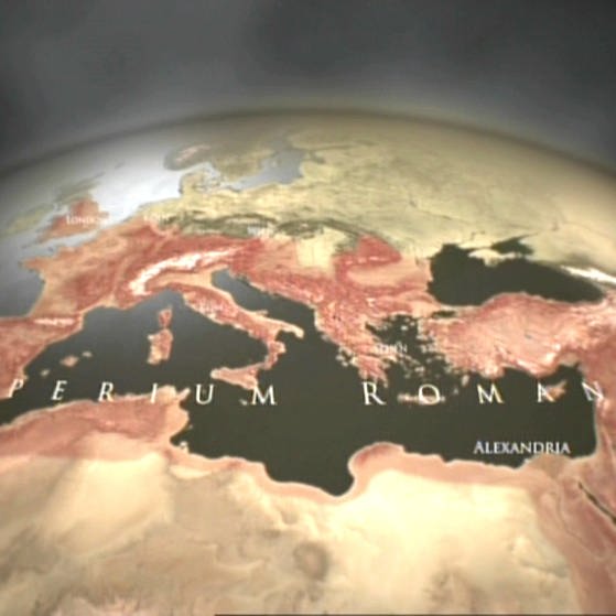 Halbe Erdkugel, auf der farbig die Ausdehnung des Römischen Reiches markiert ist. (Foto: SWR/WDR – Screenshot aus der Sendung)