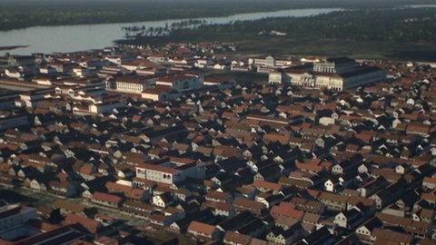 Blick auf eine Animation einer antiken Römerstadt.