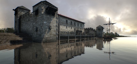 Animation eines befestigten Gebäudes an einem Fluss mit Anlegestelle.