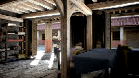 3D-Rekonstruktion: Das Untergeschoss des Färberhauses mit Arkaden zur Straße