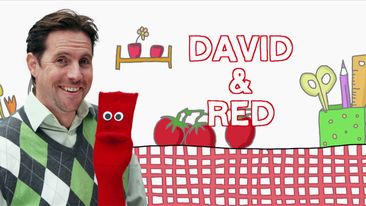 Englisch lernen: Socke Red und David, dazu Schriftzug 