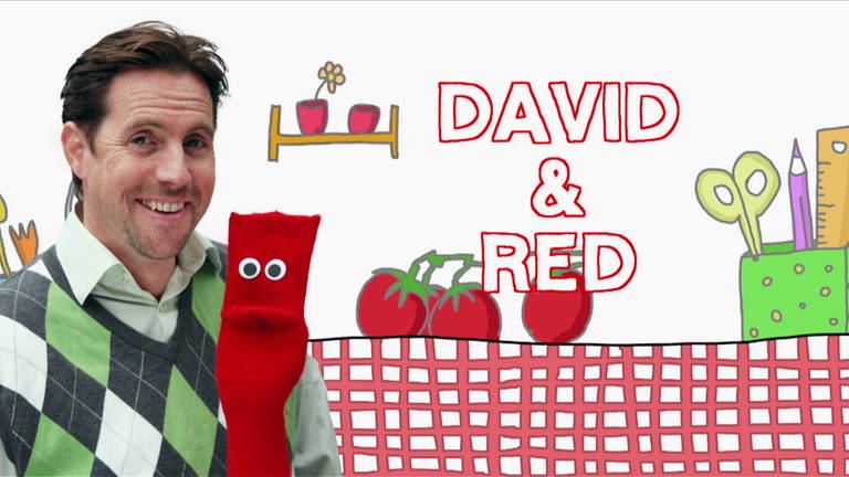 Englisch lernen: Socke Red und David, dazu Schriftzug "David and Red"