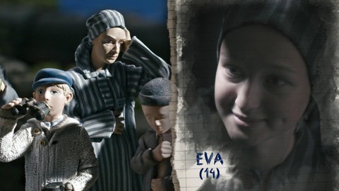 Eva in Häftlingskleidung.