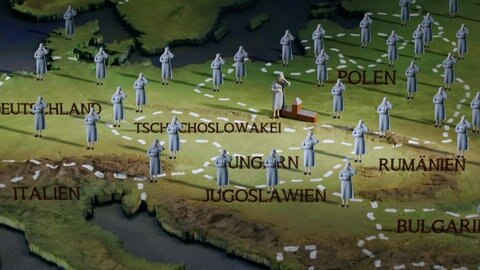 Europakarte mit der Figur Eva in allen Ländern, in denen die Juden verfolgt wurden.