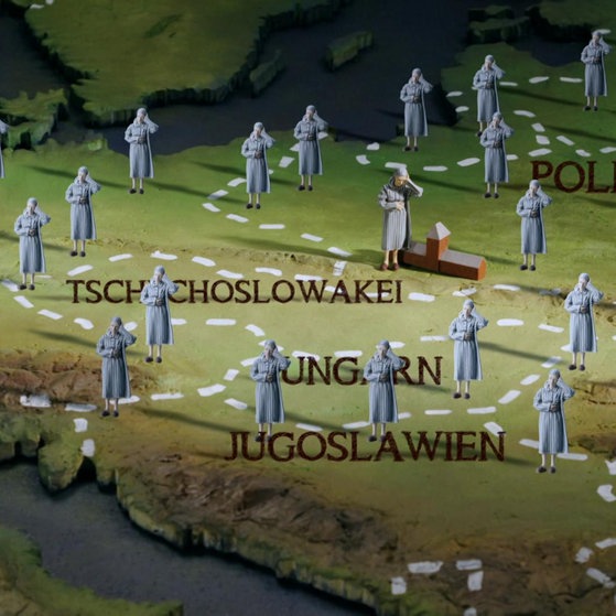 Europakarte mit der Figur Eva in allen Ländern, in denen die Juden verfolgt wurden.