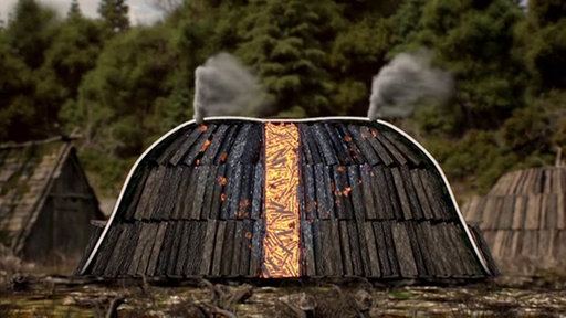 Querschnitt eines Meilers mit dem Kaminschacht in der Mitte