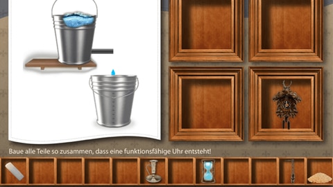  Lernspiel Uhrenbaukasten lernt man historische Methoden der Zeitmessung kennen, beispielsweise mithilfe von zwei Eimern und Wasser. 
