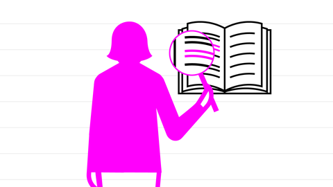 Illustration mit einer Frau, die einen Text unter die Lupe nimmt | kolleg24 Deutsch