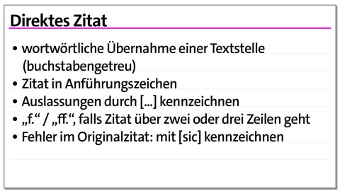 Karteikarte zu den Zitierregeln: Direktes Zitat Teil 1 | kolleg24 Deutsch