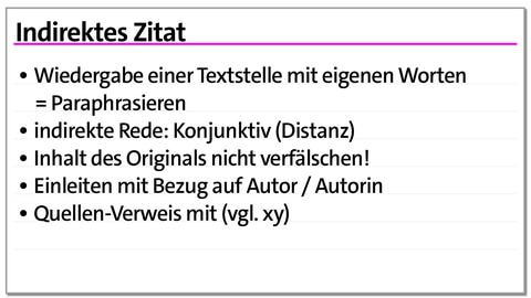 Karteikarte zu den Zitierregeln: Indirektes Zitat | kolleg24 Deutsch