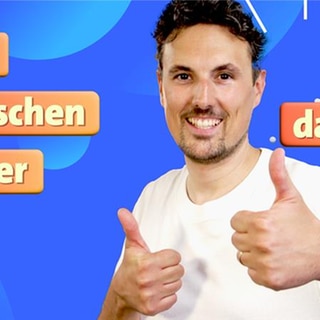 Host Gero mit Daumen hoch, dazu die eingeblendeten Präpositionen "auf", "zwischen", "unter" und "davor"