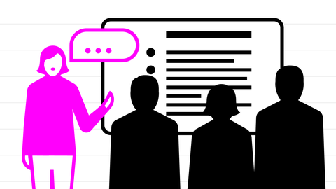 Illustration mit einer Person, die an einem Bildschirm einen Vortrag hält | kolleg24 Deutsch