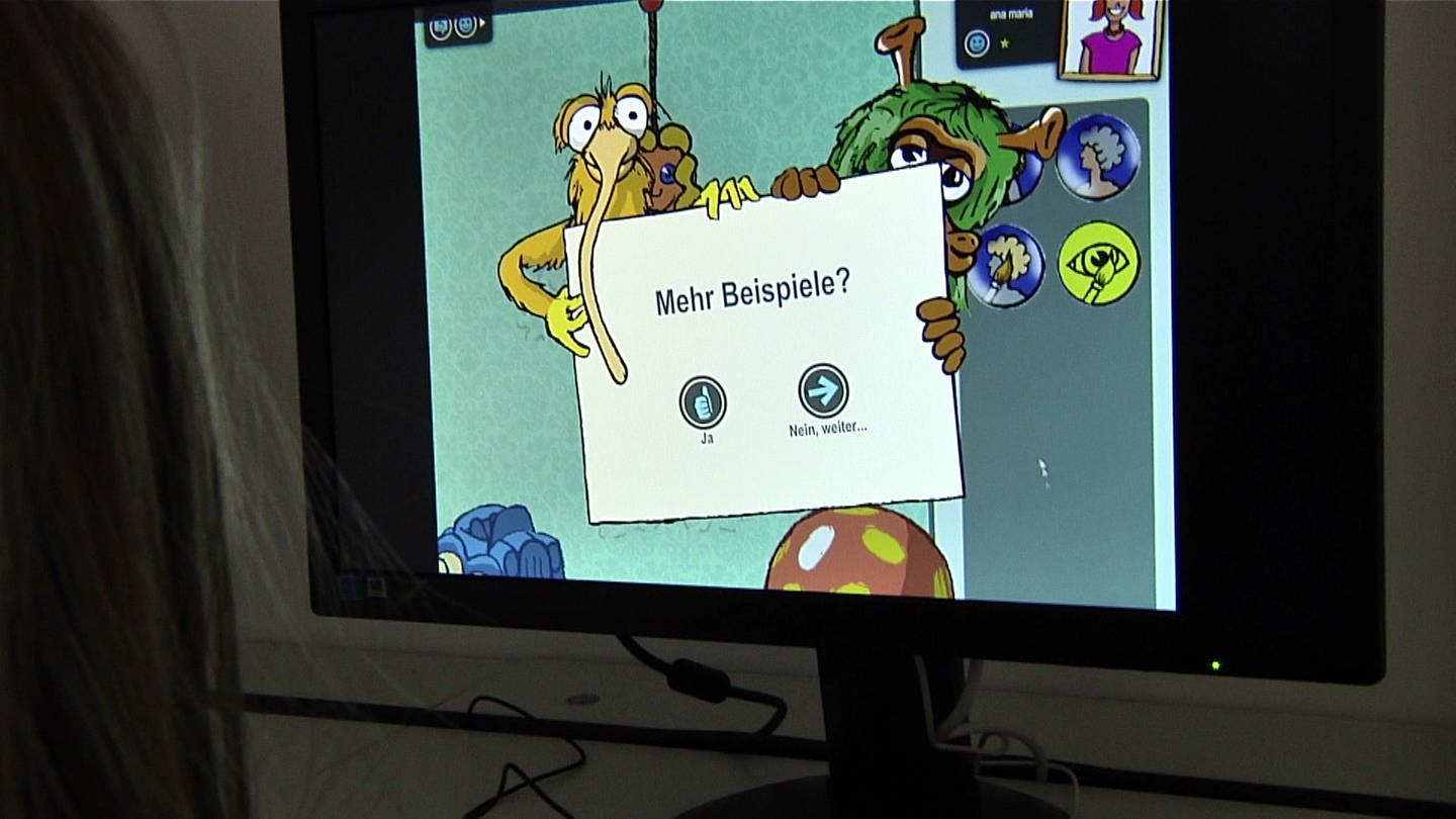 Auf einem Computerbildschirm sieht man eine Sequenz aus dem Lernspiel Deutsch lernen mit Mumbro und Zinell. (Foto: SWR / Planet Schule)