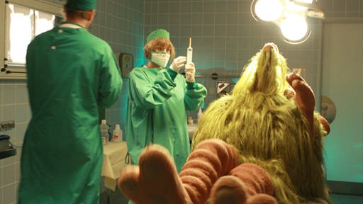 Zwei Ärzte in grünen Kitteln stehen im Operationssaal, Mumbro liegt auf dem OP-Tisch