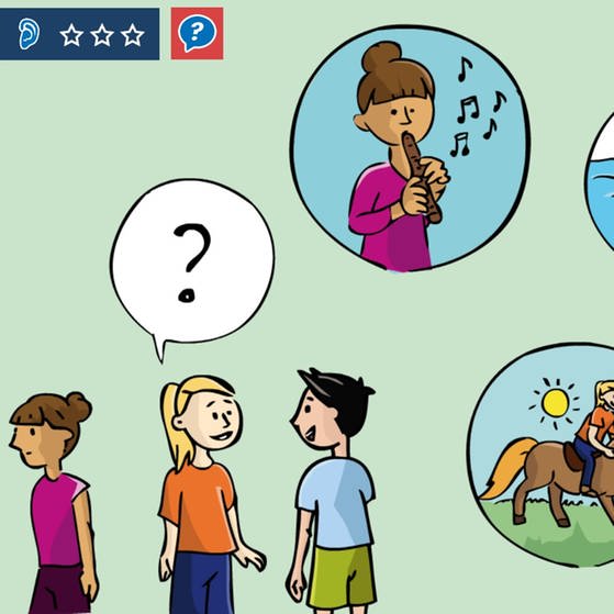 Im Lernspiel Deutsch lernen mit Mumbro und Zinell können Kinder in verschiedenen Übungen das Hörverstehen und Modalverben trainieren, zum Beispiel zum Themengebiet Hobbies.  