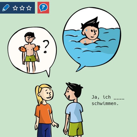Im Lernspiel Deutsch lernen mit Mumbro und Zinell können Kinder in verschiedenen Übungen das Schreiben von Modalverben trainieren, zum Beispiel zum Themengebiet Hobbies. 