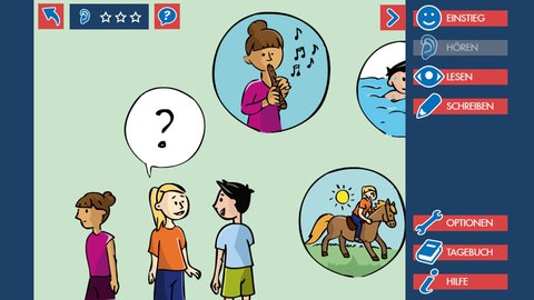 Im Lernspiel Deutsch lernen mit Mumbro und Zinell können Kinder in verschiedenen Übungen das Hörverstehen und Modalverben trainieren, zum Beispiel zum Themengebiet Hobbies.  