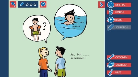 Im Lernspiel Deutsch lernen mit Mumbro und Zinell können Kinder in verschiedenen Übungen das Schreiben von Modalverben trainieren, zum Beispiel zum Themengebiet Hobbies. 