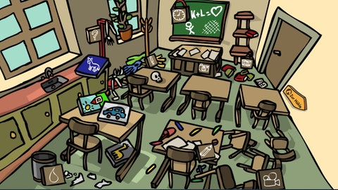 Im Lernspiel Deutsch lernen mit Mumbro und Zinell ist eines der Lernstationen in einem Klassenzimmer.