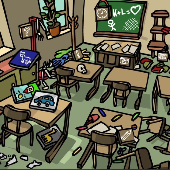 Im Lernspiel Deutsch lernen mit Mumbro und Zinell ist eines der Lernstationen in einem Klassenzimmer.