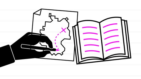 Illustration mit einem aufgeschlagenen Buch und dem Zeichnen einer Landkarte  I kolleg24 Deutsch