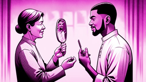 Illustration: Frau hält Mann einen Spiegel vor | kolleg24 Deutsch