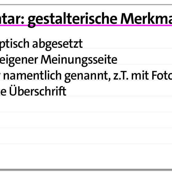 Karteikarte: gestalterische Merkmale des Kommentars | kolleg24 Deutsch