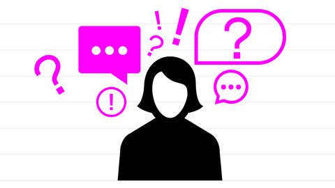 Frau mit Sprechblasen, Fragezeichen und Ausrufezeichen über dem Kopf | kolleg24 Deutsch