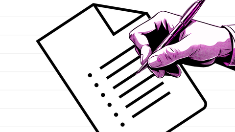 Illustration mit einer Hand, die mit einem Stift eine Liste schreibt | kolleg24 Deutsch