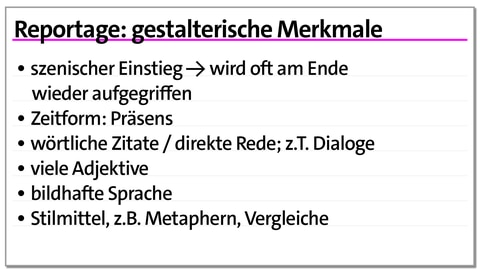 Karteikarte: gestalterische Merkmale der Reportage | kolleg24 Deutsch