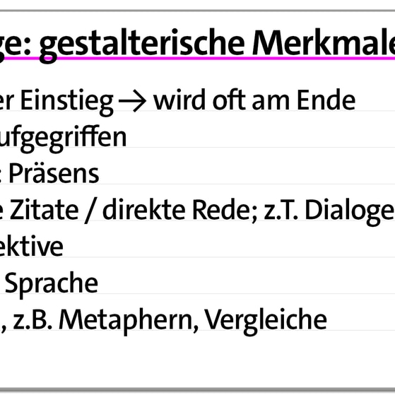 Karteikarte: gestalterische Merkmale der Reportage | kolleg24 Deutsch