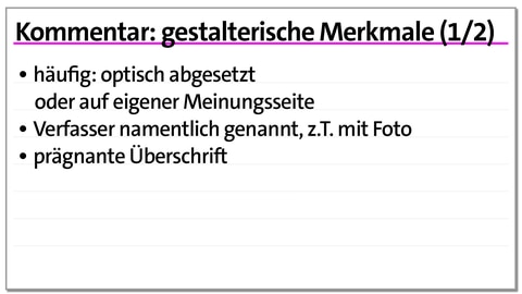 Karteikarte: gestalterische Merkmale des Kommentars | kolleg24 Deutsch