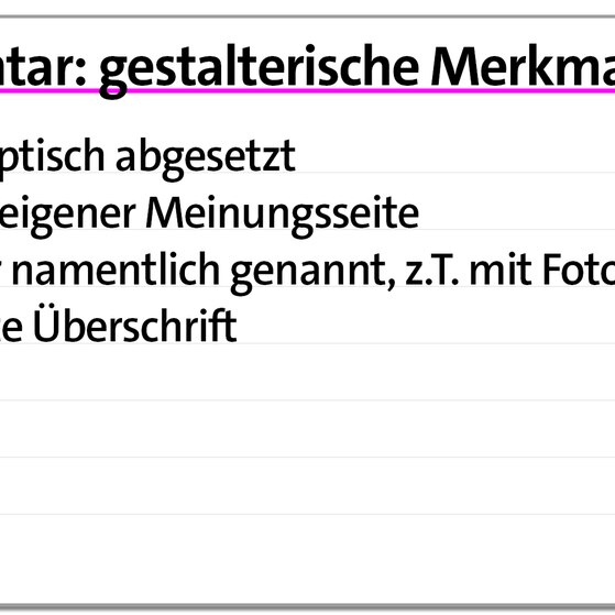 Karteikarte: gestalterische Merkmale des Kommentars | kolleg24 Deutsch