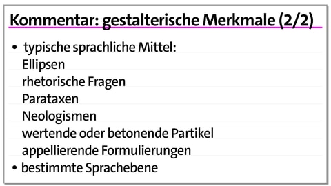 Karteikarte: gestalterische Merkmale des Kommentars | kolleg24 Deutsch