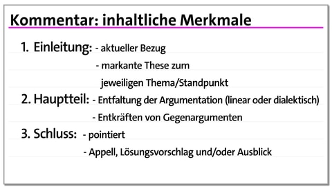 Karteikarte: inhaltliche Merkmale des Kommentars | kolleg24 Deutsch
